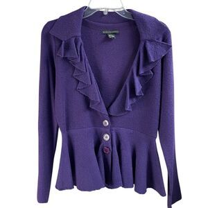GRACE ELEMENTS Womens Purple Wool Sweater Cardigan Button Front Ruffles Sz Small